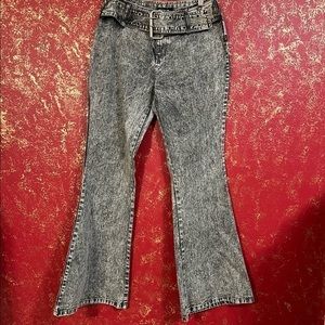 LIPS Vintage Wide Legs Flare Acid Wash Belted High Rise 90's Jeans Denim 11 30